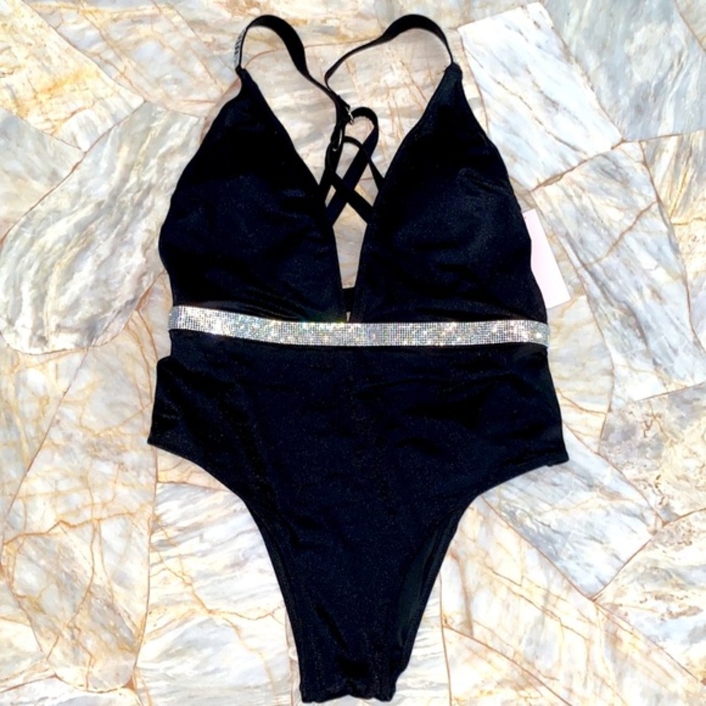 Victoria’s Secret BLING ONE PIECE SWIMSUIT Shine Strap Logo‎ Gorgeous Black New